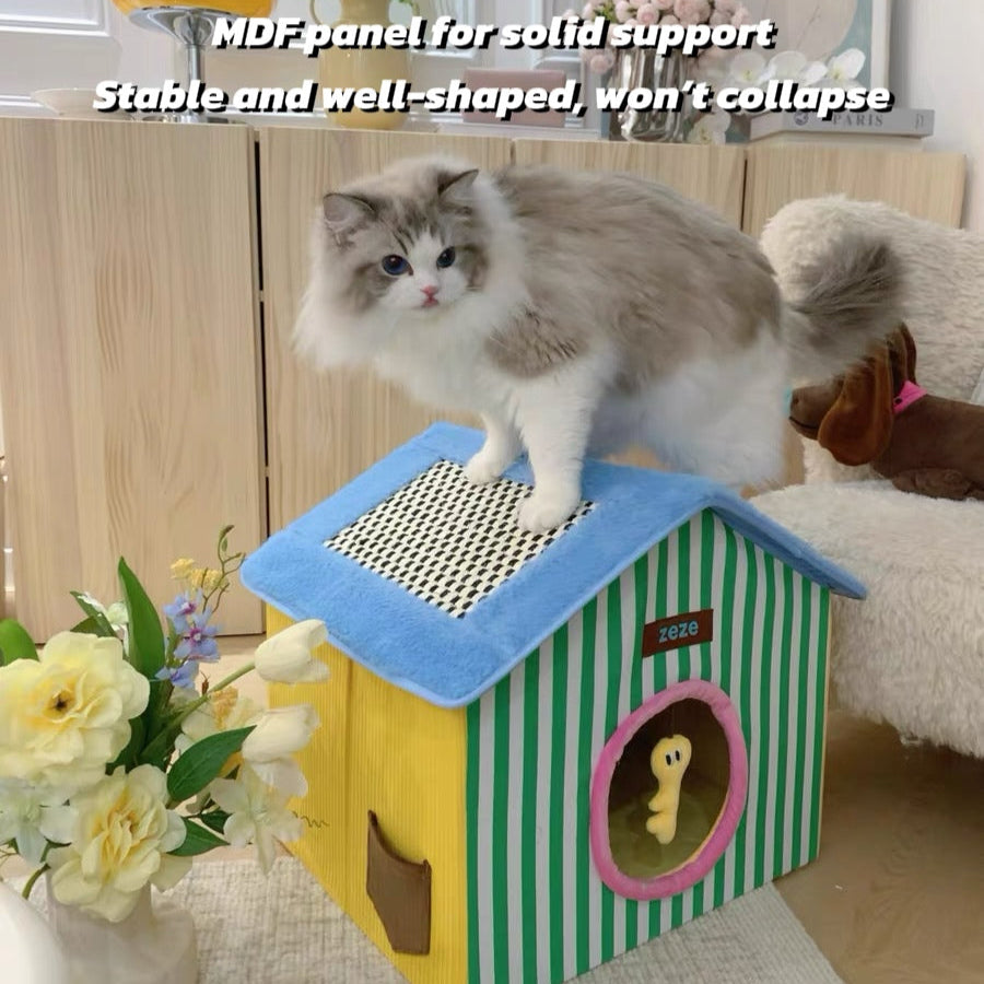 Zeze Foldable Cat House with Scratch Roof & Toy