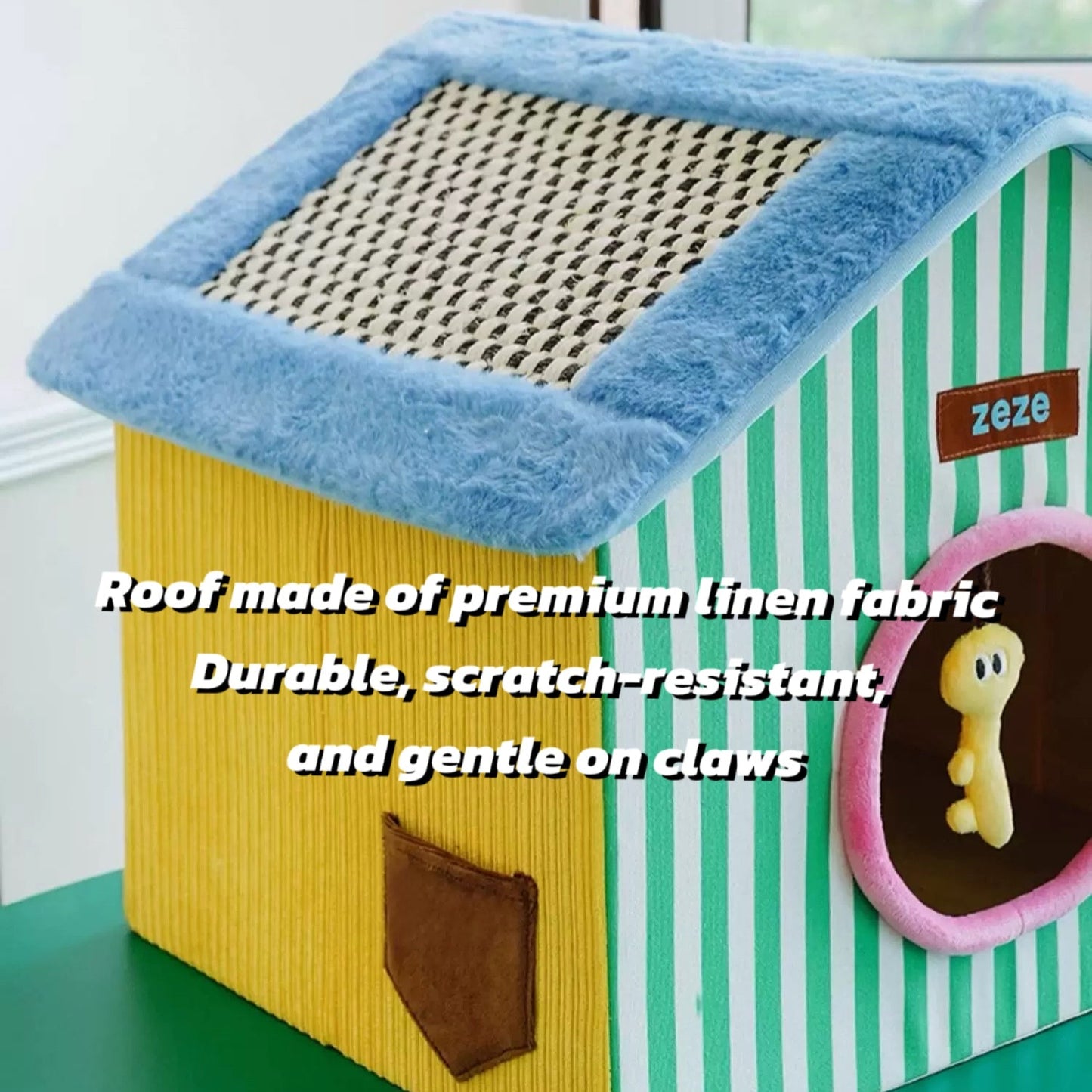 Zeze Foldable Cat House with Scratch Roof & Toy