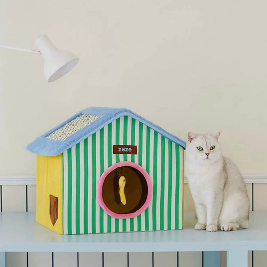 Zeze Foldable Cat House with Scratch Roof & Toy
