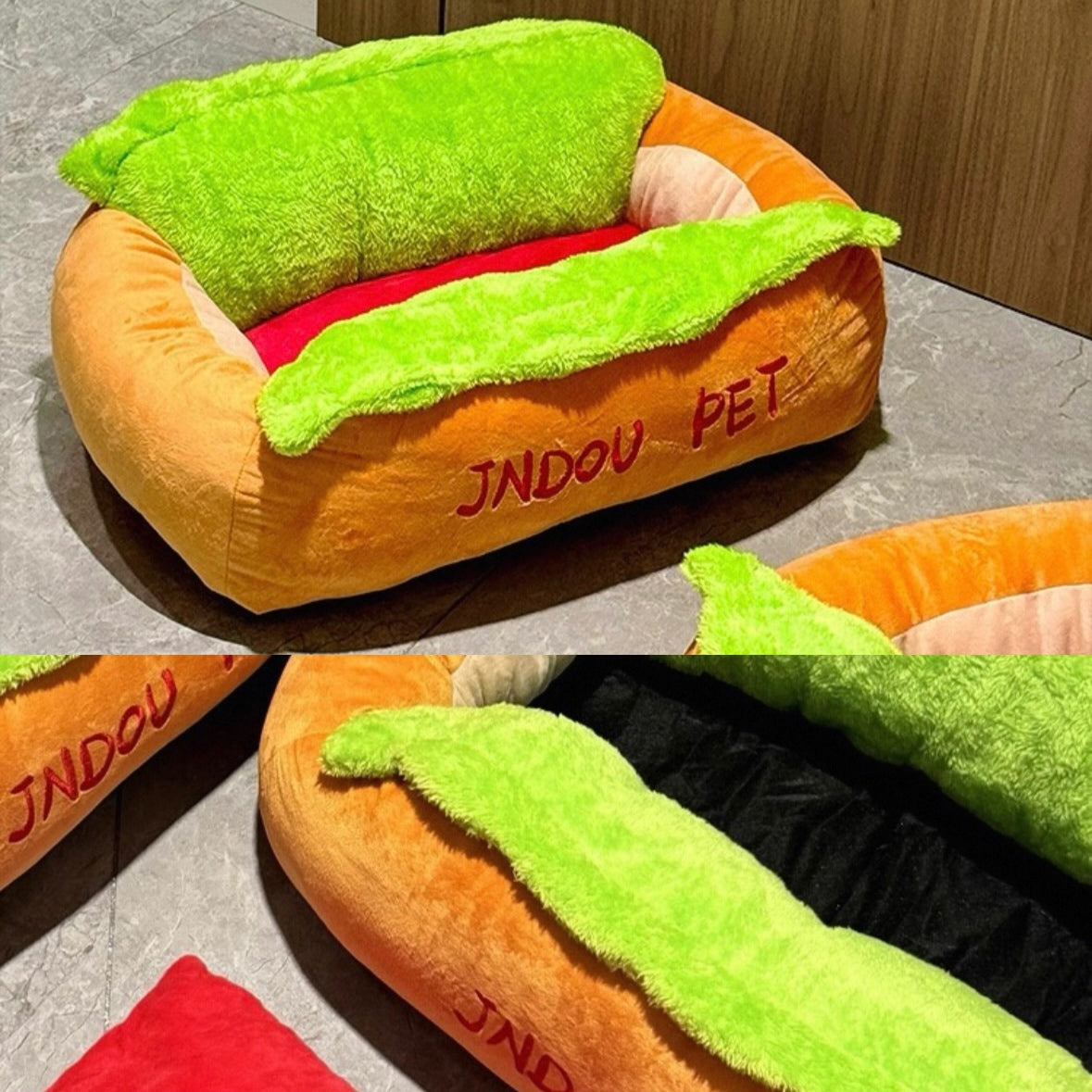 Hot Dog Shaped Pet Bed with Removable Cushion