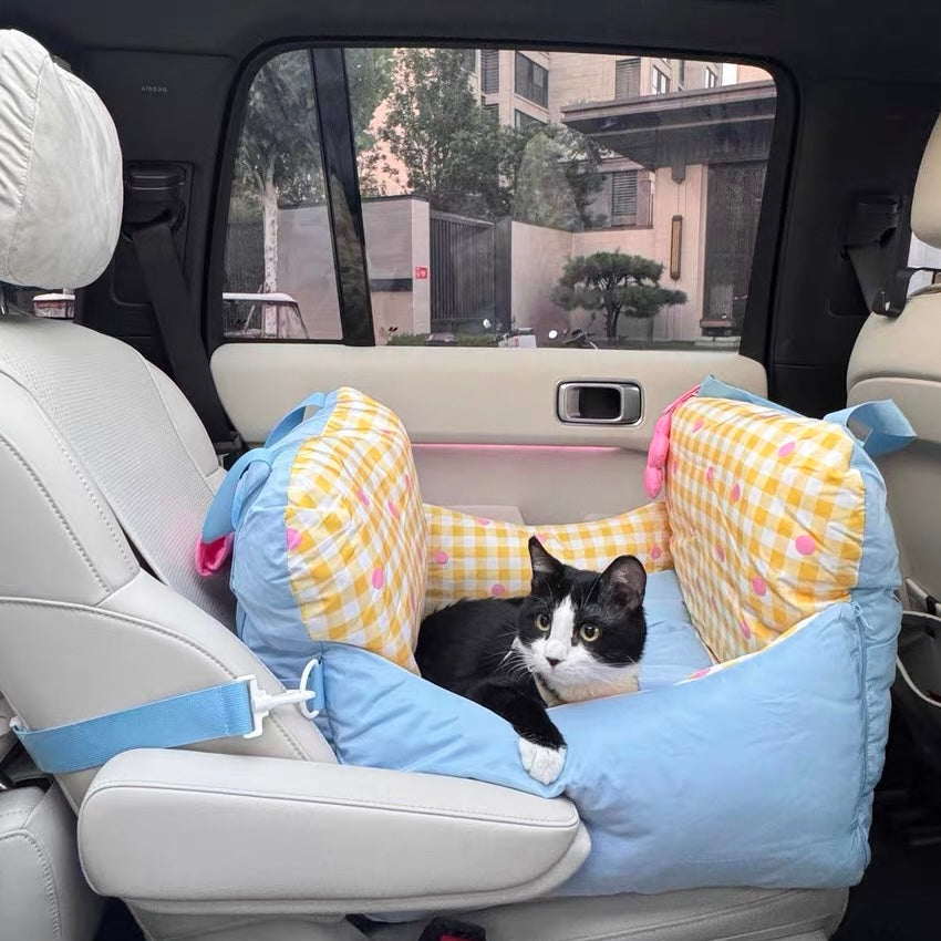 pet car seat carrier safely secured in car with cat inside