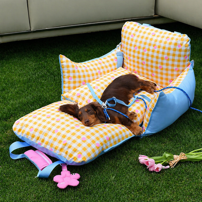foldable cat travel bed used outdoors as a portable pet bed for rest