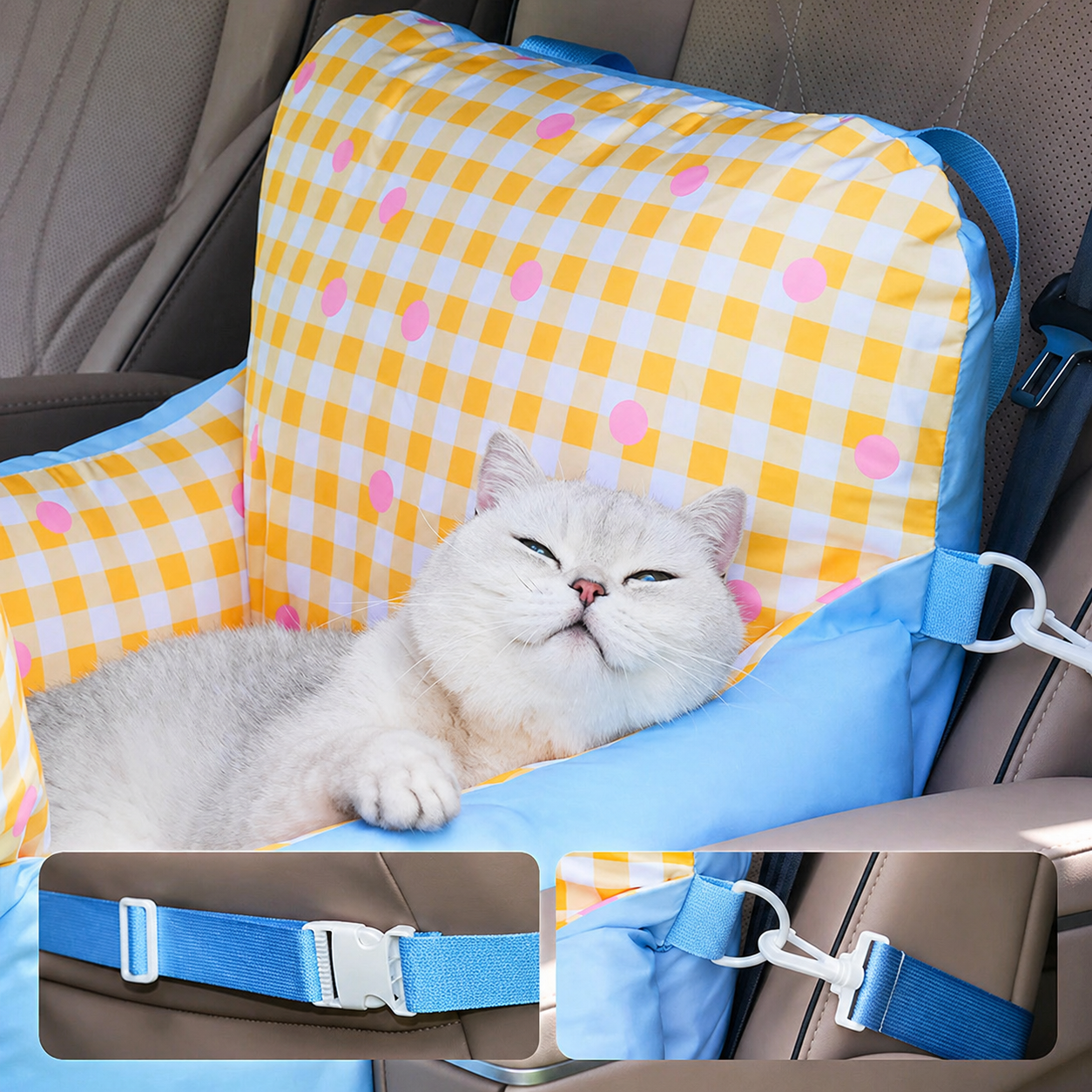 safe cat carrier car seat with secure buckle straps and relaxed cat